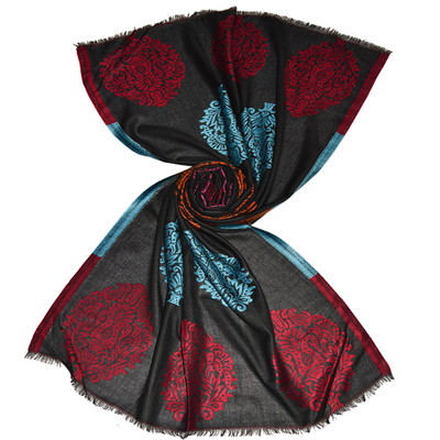 Black modal scarf with ornate pattern in contrasting color
