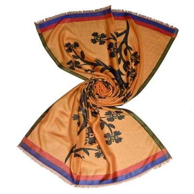 orange modal scarf with abstract flower tree design