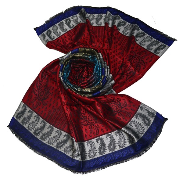 Red silver and royal blue striped pattern modal scaf with inverted colored paisley motifs