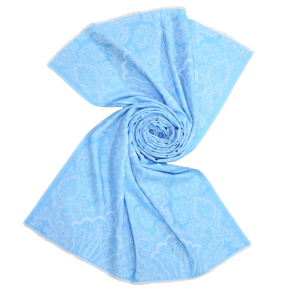 lightweight reversible style cotton scarf with damask pattern in blue color
