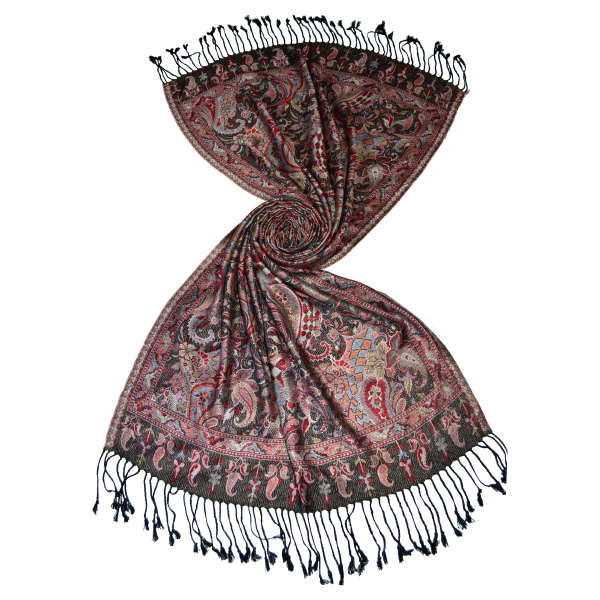 Black jamavar viscose scarf with red accents