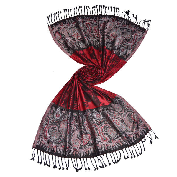 Red floral design 100% viscose scarf with black kani cascade